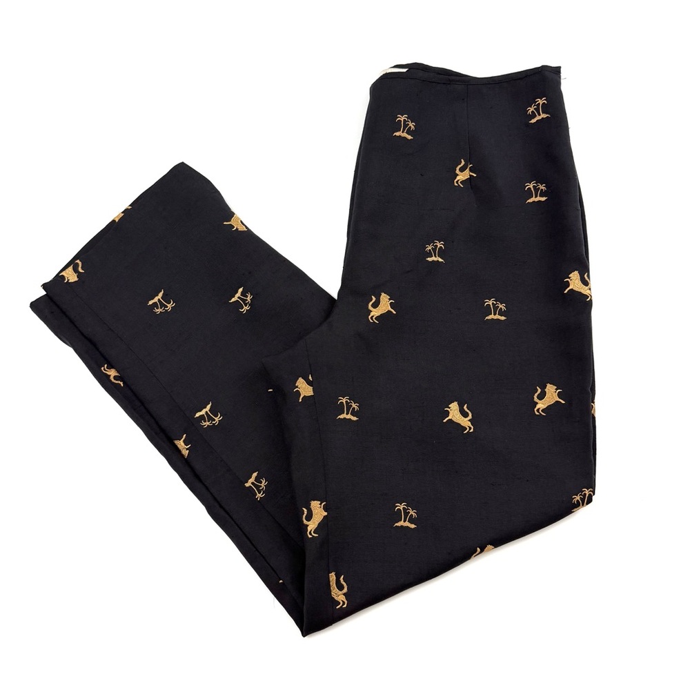 Peter Martin 100% Silk Straight Leg Pants Embroidered Gold Animal Palm Print